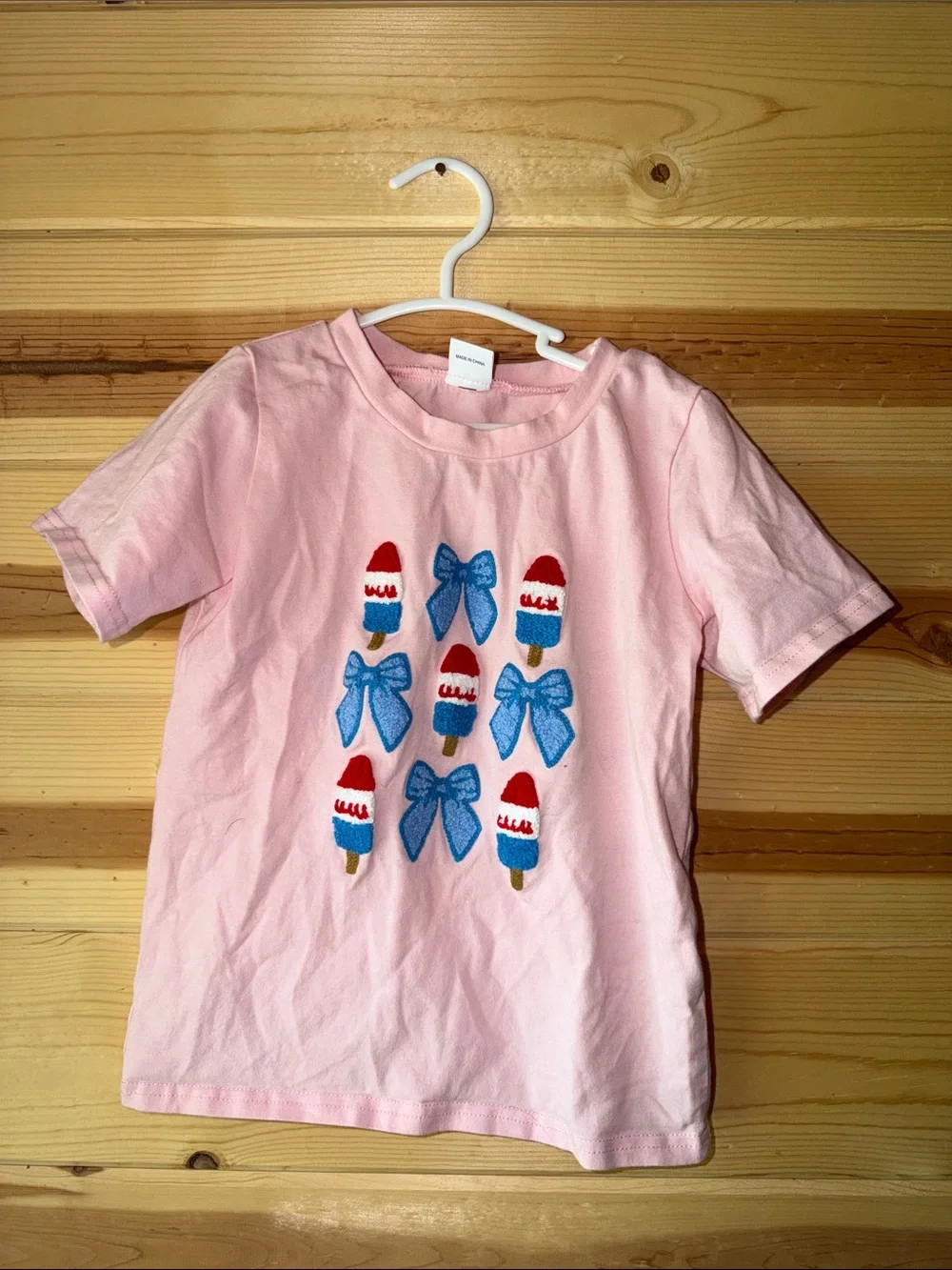 Girls' Pink Short Sleeve Tee with Blue Bows & Popsicle Applique
